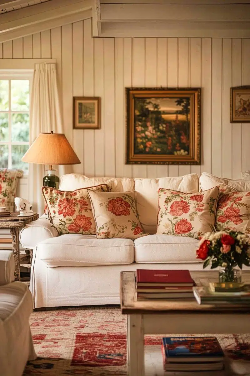 White sofa adorned with floral pillows says Look at me, I'm the crown jewel! Rustic touches and warm lighting conspire to steal your heart. Framed art winks from the walls!