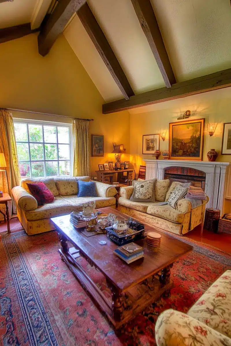 Step into this cozy haven where patterned couches meet framed art while a wooden coffee table plays mediator; fireplace included for that warm fuzzy vibe.