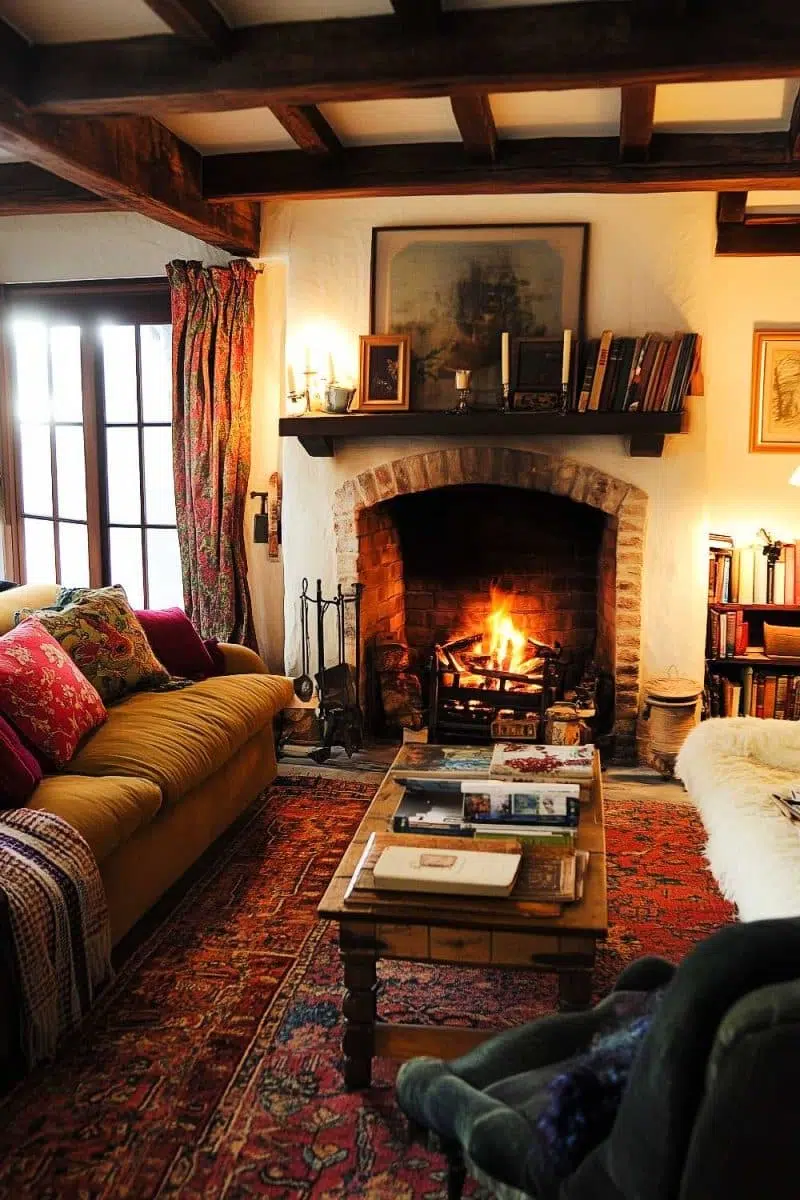 Imagine a living room trying its best to win a snug award: fireplace roaring, sofa and pillows plotting world domination, bookshelves showing off literary prowess, and a wooden coffee table just chillin' on the wild patterned rug. Who needs TV drama when your decor's this lively?