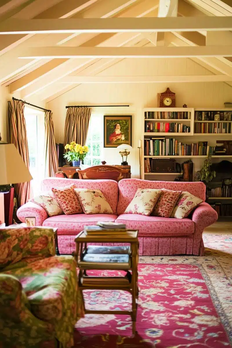 Imagine a floral sofa that says I'm here for the style and the snacks surrounded by bookshelves you've totally read. All highlighted by lighting warm enough to melt your heart, and a red rug that ties everything together with a wink.