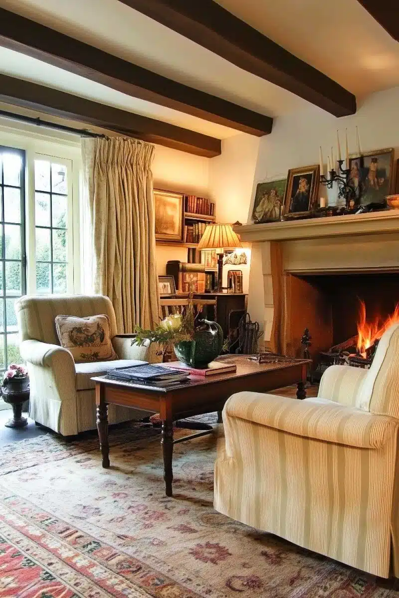 Check out this living room: armchairs whisper sophistication, the fireplace is like a warm hug, bookshelves declare war on boredom, and wow those windows!