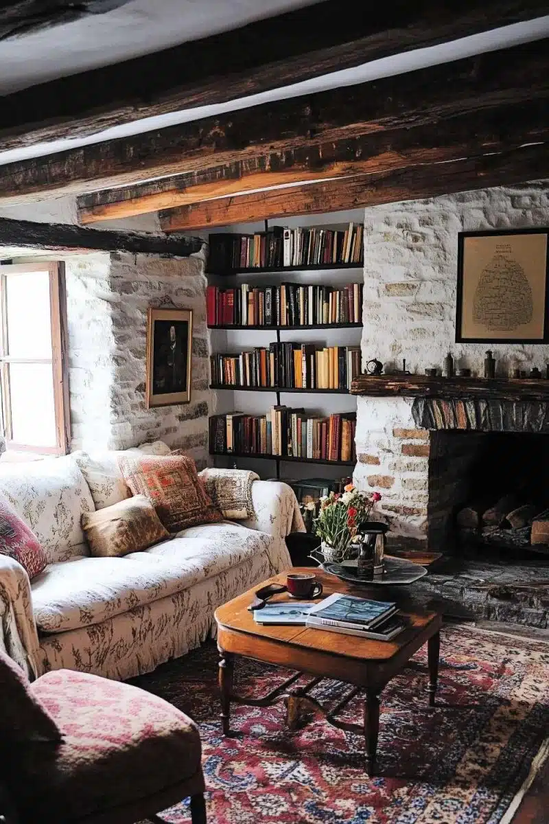 Welcome to the rustic hangout where stone walls and wooden beams overheard your Pinterest board; bookshelves, a white couch, and a fireplace complete the cozy gossip circle.