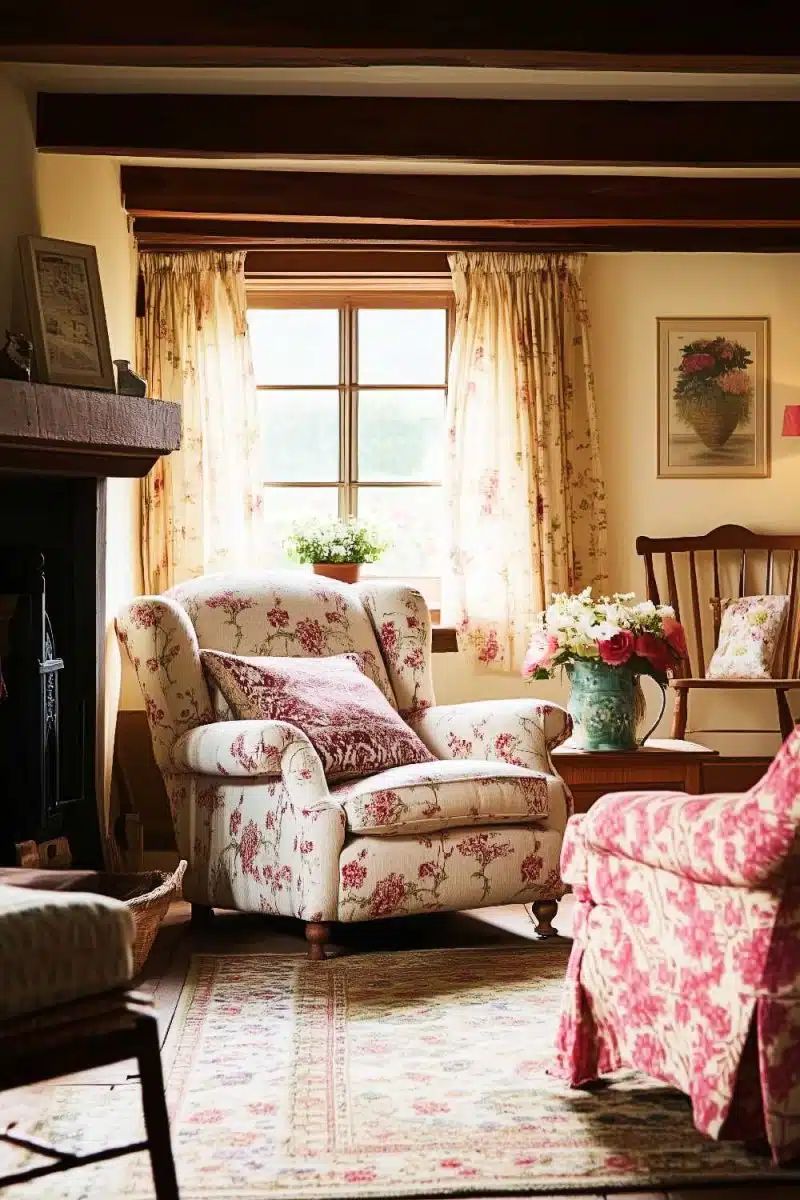Floral armchair basking in sunlight—it's practically sunbathing. The vase of flowers is trying to win a beauty contest, table as the eternal judge.