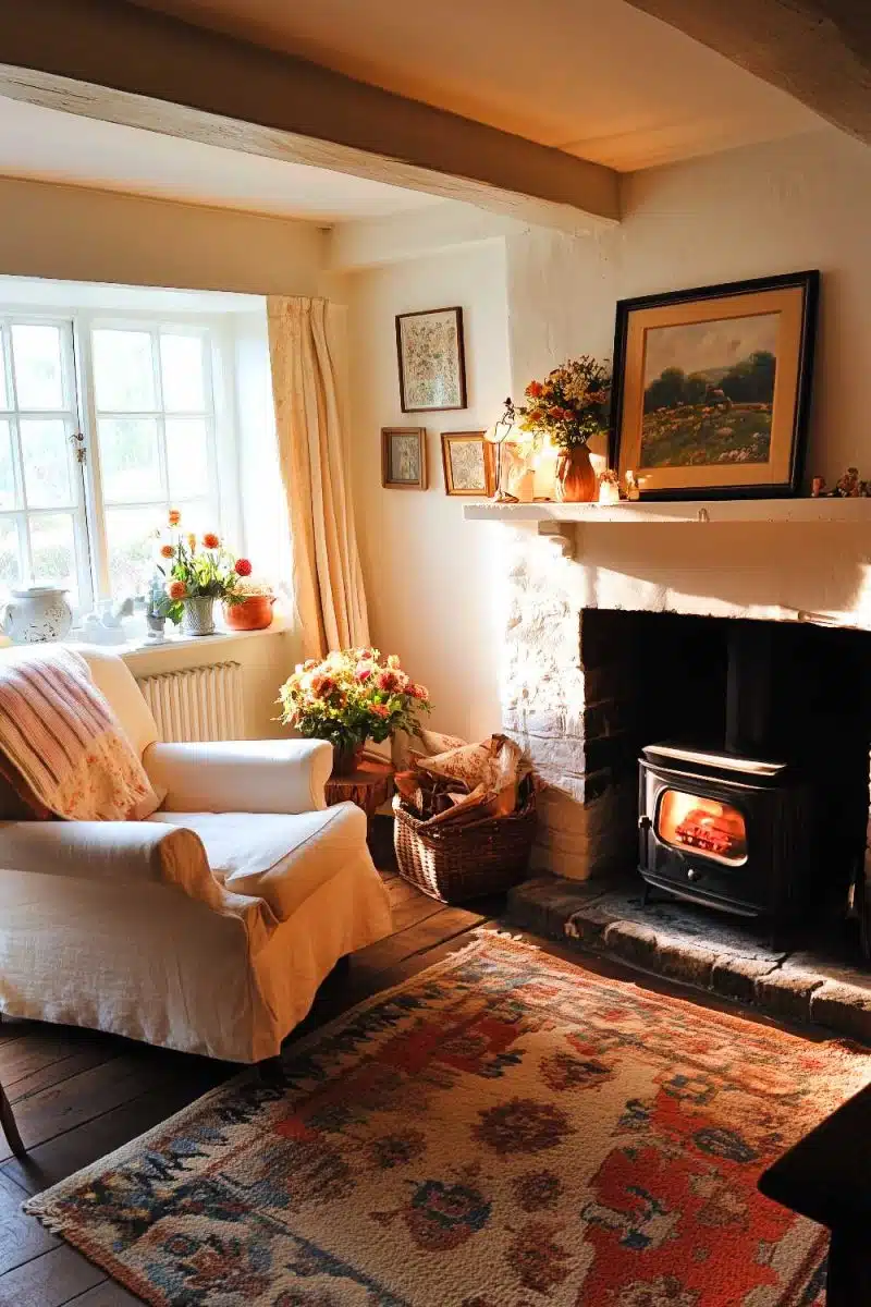 Alright, you've got a cozy living room scene starring a wood-burning stove that's practically begging to steal the spotlight. Toss in an armchair that whispers sit on me if you dare and a window proudly flaunting its floral beauty—it's like nature's Instagram feed right in your house. A colorful rug ties this party together, adding just enough pop to make you wonder why everything else isn't as adventurous.
