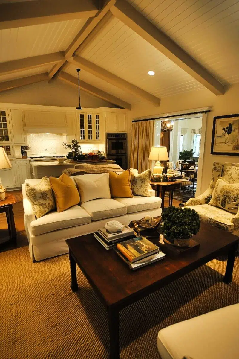 Meet your new hangout zone: a white sofa with yellow pillows so bright they might blind you, plus a wooden coffee table that thinks it’s the room's MVP. And look, an open kitchen just waiting to witness your culinary masterpieces or frozen pizza unboxings.