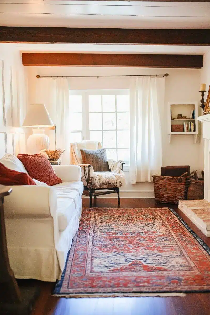 Meet your new happy place: a white sofa perfect for napping, sprinkled with sassy red cushions. The rug? It's got more patterns than Aunt Edna's sweater collection. Natural light floods in through the massive window—and yes, it doubles as nature’s Instagram filter.