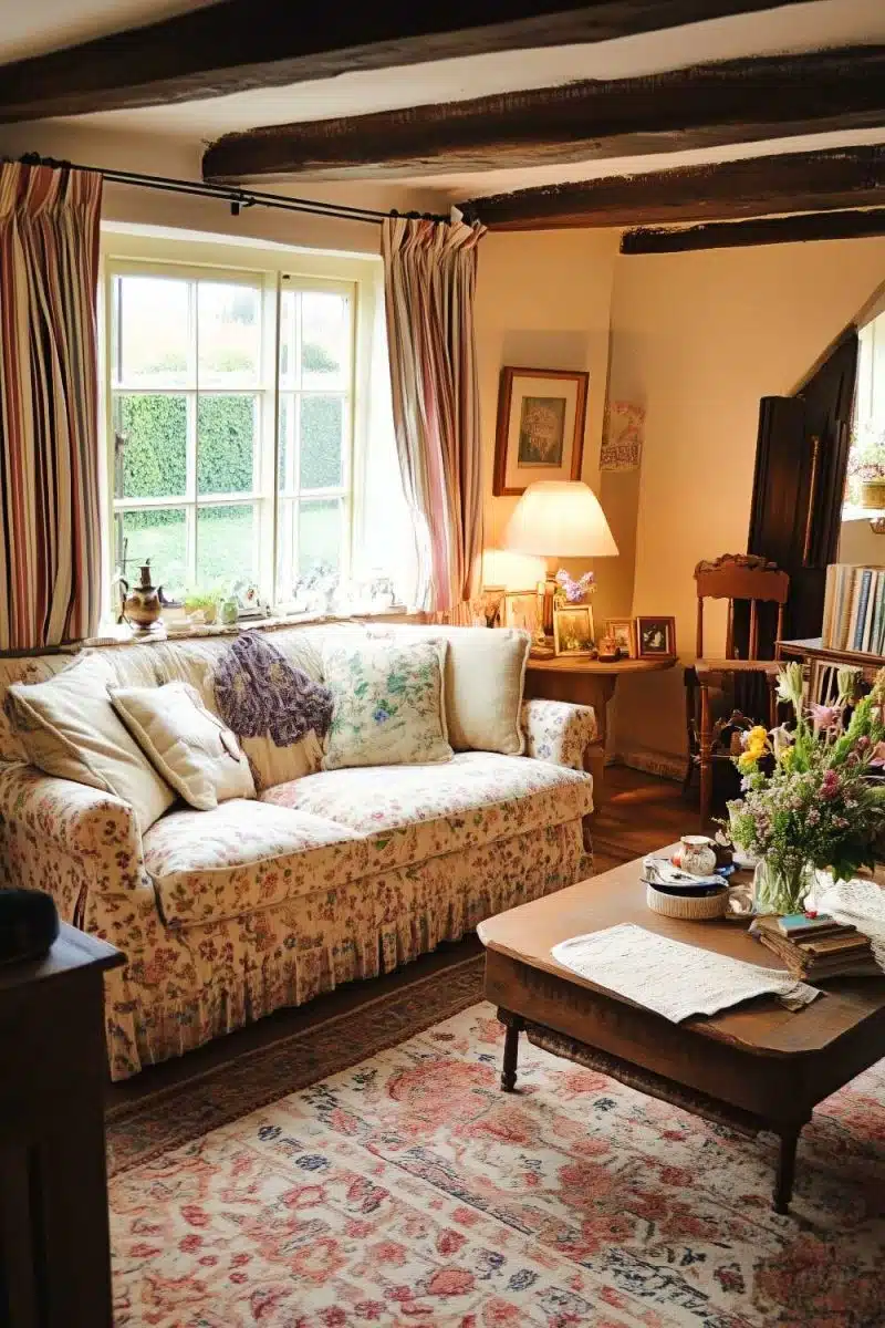 Check out this snug nook where a floral sofa teams up with wooden furniture as the lamp's soft glow whispers get comfy while the curtains pretend to be shy!