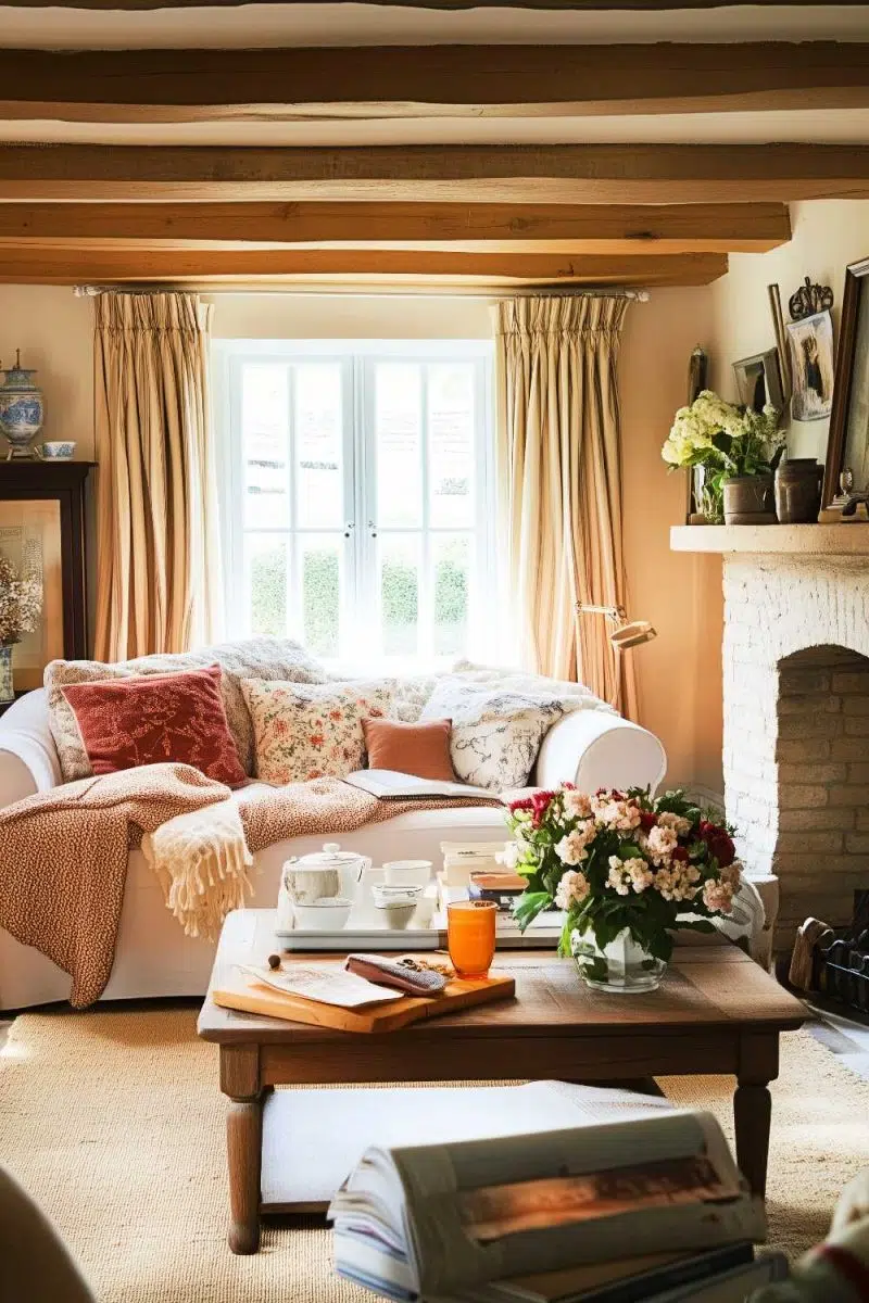 Meet your new favorite chill zone: floral couch making bold moves with its cushion sidekicks, all plotting world domination from the throne of a wooden table near that toasty fireplace.