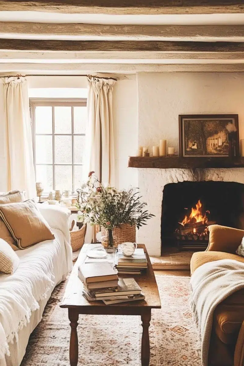 Meet your new happy place: a cozy living room where the fireplace looks like it just begged the armchair to join, while books attempt to class up coffee table spills.