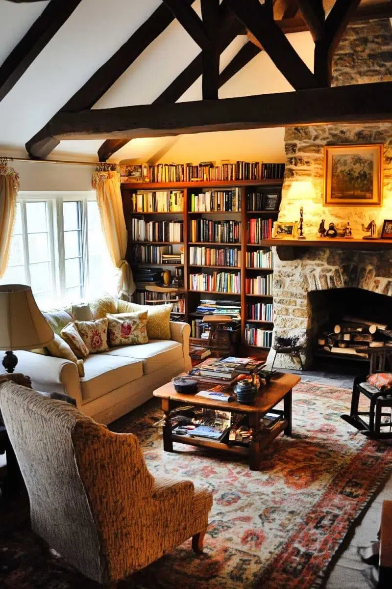 Step into Cozy Central: stone fireplace radiates warmth while bookshelves whisper intellectual vibes. Sofa and armchair begging for deep chats over hot cocoa.