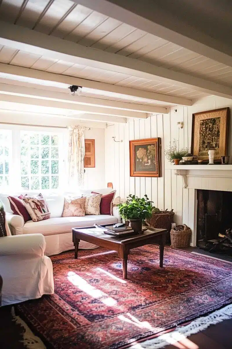 Say hello to your new relaxation station: a white sofa for lounging, a wooden coffee table for clutter, and a rug that screams more patterns than sanity.