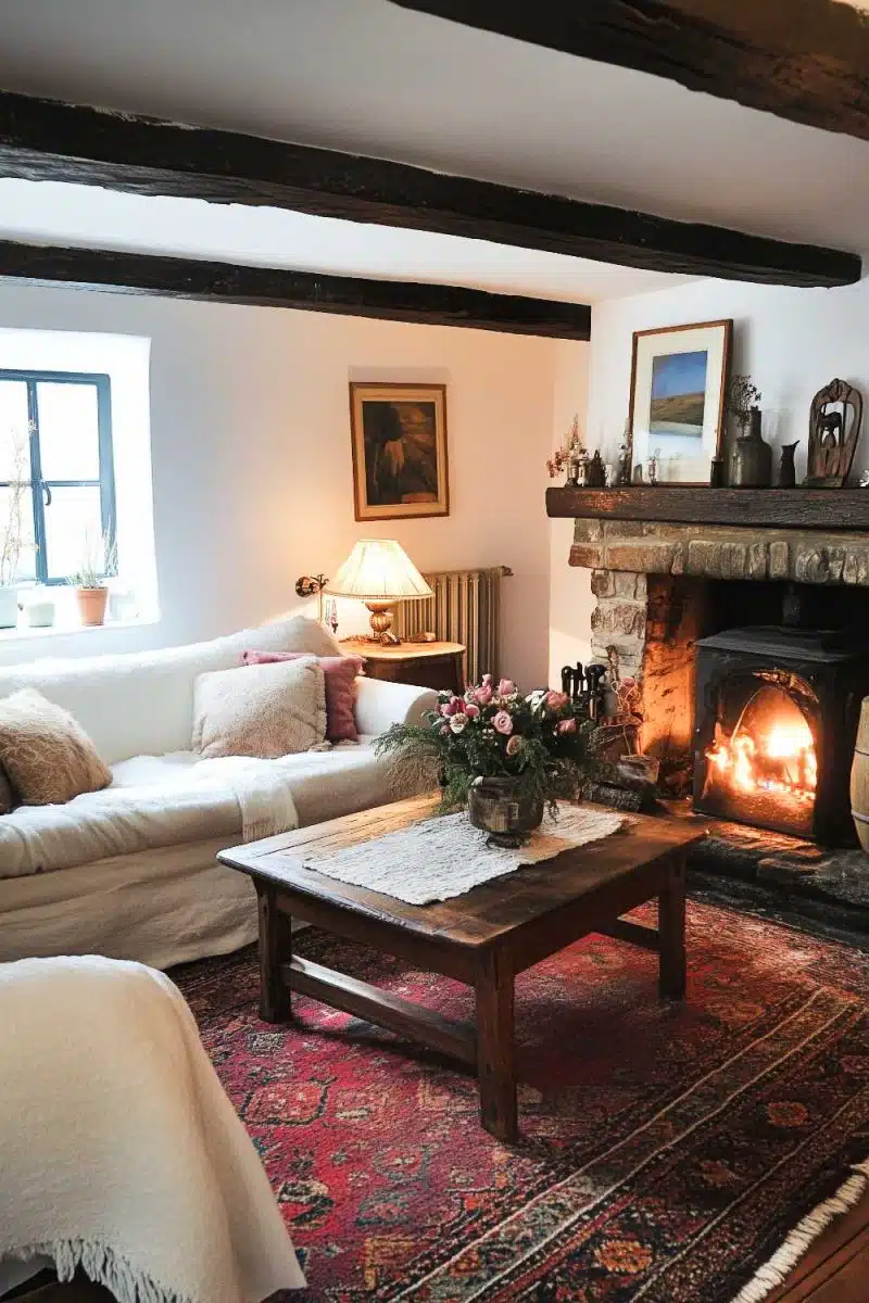 Meet your new cozy corner: a fluffy white sofa, perfect for losing remotes. A rustic wood table that's great for resting mugs or feet. Brick fireplace for dramatic thoughts and a red rug that’s either vintage chic or just your grandma’s favorite—lean into it.