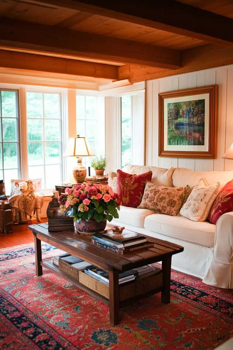 Meet your new living room goals: a white sofa so pristine it's definitely an Instagram filter. Floral cushions flirt with a rug that knows how to party, all basking under enough natural light to make plants—and egos—thrive.