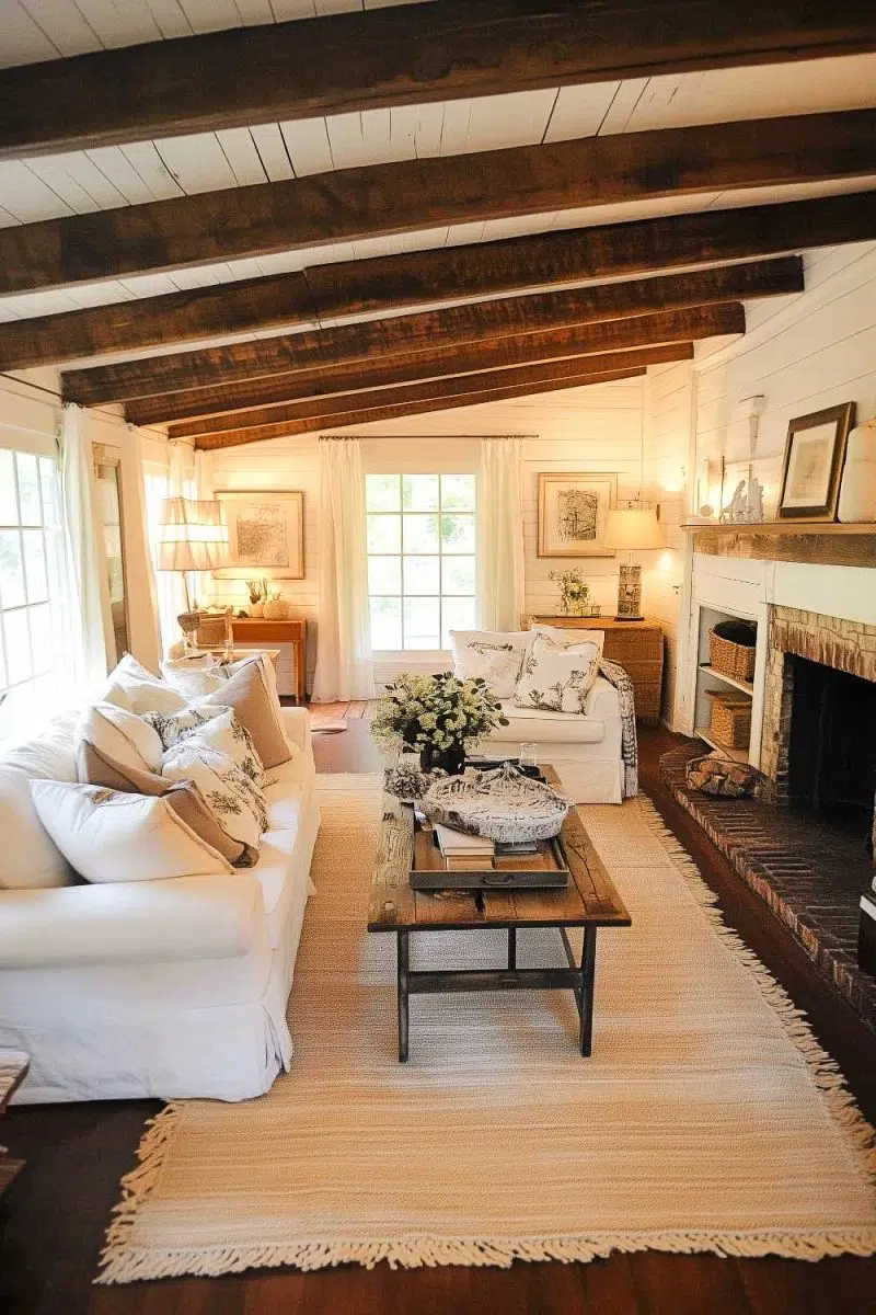 Snuggle up in this cozy retreat with white sofas, rustic beams overhead. The fireplace is old-school warmth, and the coffee table on a light rug says stylish comfort.