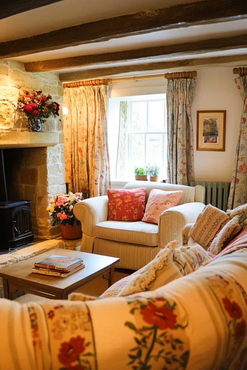 Floral sofas meet floral curtains in this cozy living room showdown, with a fireplace ready to mediate. Perfect for flower lovers or indecisive decorators!