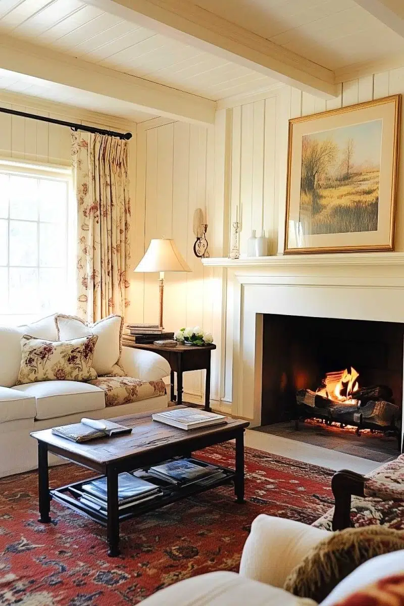 Welcome to the cozy club where fireplaces spark joy, sofas are nap central, floral curtains make a statement, and that wooden coffee table hides remote controls.