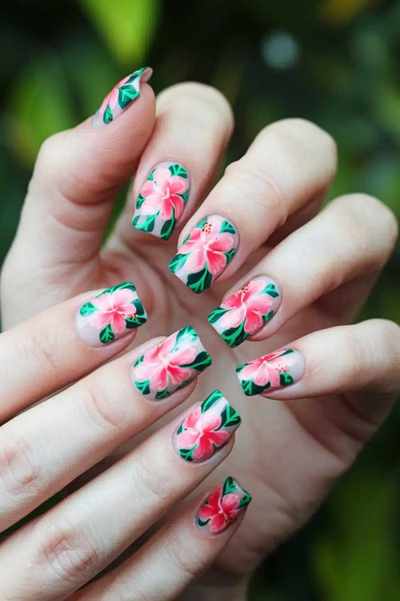 Get your nail art game on with these tropical vibes: flamboyant pink hibiscus and lush green leaves. Perfect for sipping cocktails or watering plants!.