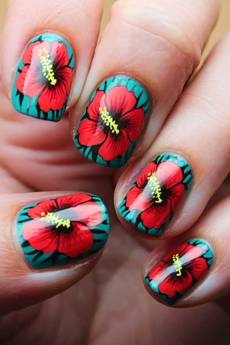 Check out these nails flaunting red hibiscus flowers on a teal backdrop. Its like a tropical vacation for your fingertips minus the sunburn and sand!.