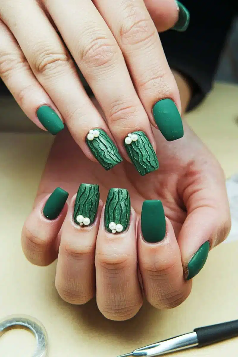 Think forest fairy meets glam rock. Those matte green coffin nails are giving textured vibes, with pearly bling saying Im fancy but still down to earth.