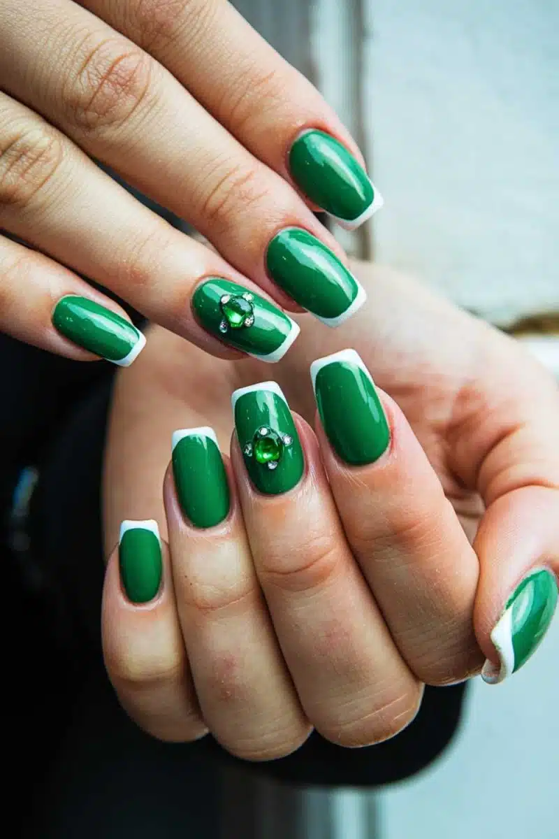 Looking for decor inspo? How about nails as vibrant as your walls! Green polish, white tips, and jewel accents—manicure or mini art piece? You decide.