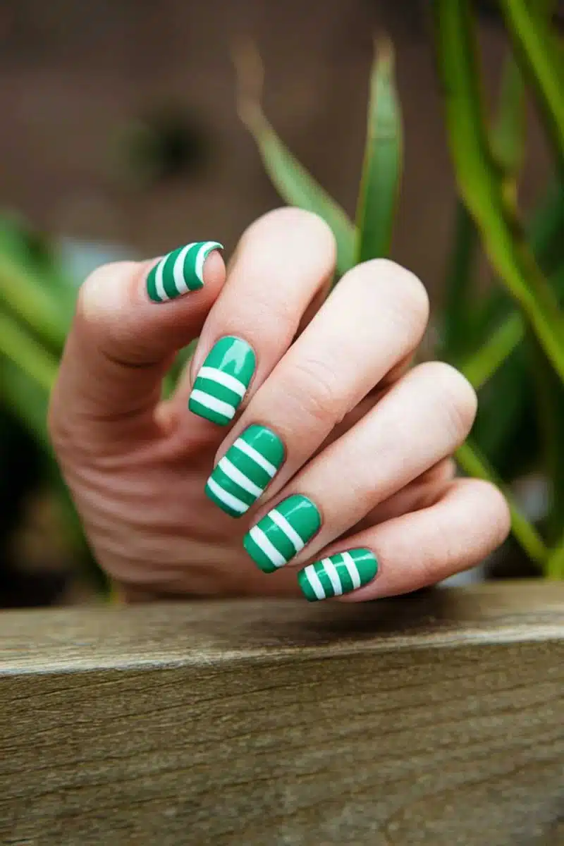 Your perfect green and white striped nails are about to start a new career as chic wallpaper while lounging effortlessly on that rustic wooden backdrop, nature photobombing.