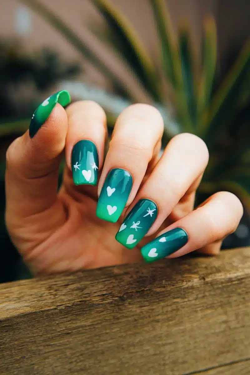 Long green nails with cute heart and star designs are here to steal the show. Theyre whispering sweet nothings to your houseplants on a wooden stage.