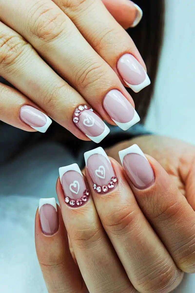 Nails so decked out theyd make a disco ball jealous; French tips got a romantic upgrade with hearts and pink rhinestones—because why not add sparkle to everything?.