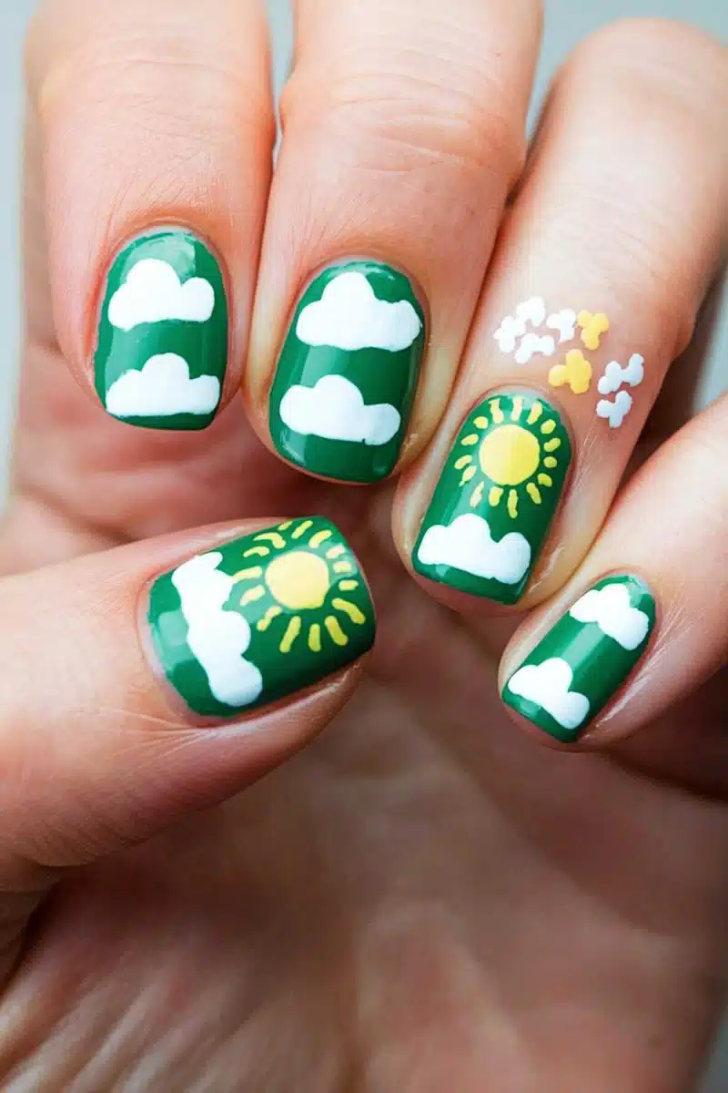 Nail art alert: Nails rocking green polish with daydreams attached—tiny white clouds, sunshine blasts, and floral power. So summer vacay ready!.