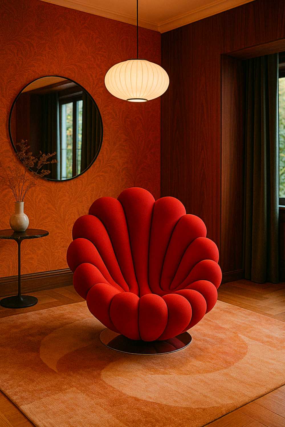 unique furniture designs (1) This red scallop chair is basically flirting with that orange rug while the mirror watches and the pendant light pretends itâs not jealous.