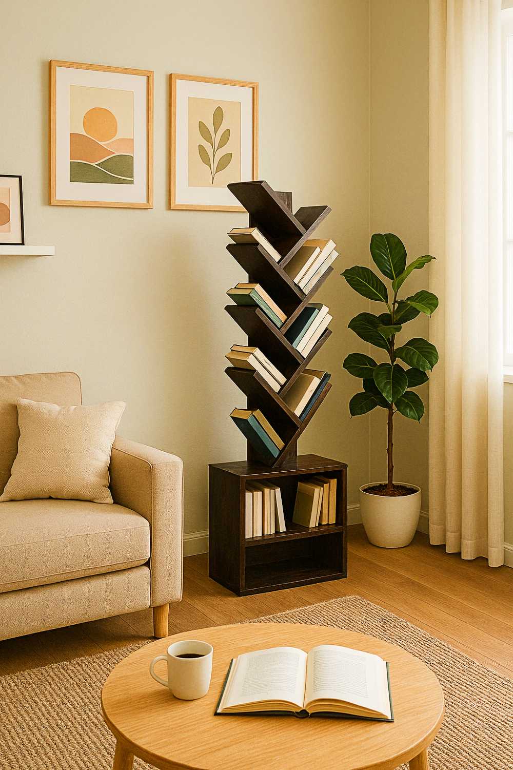 unique furniture designs (10) Tree-shaped bookshelf stealing the spotlight, open book living its best life on the table, potted plant working overtime for that fresh vibe.