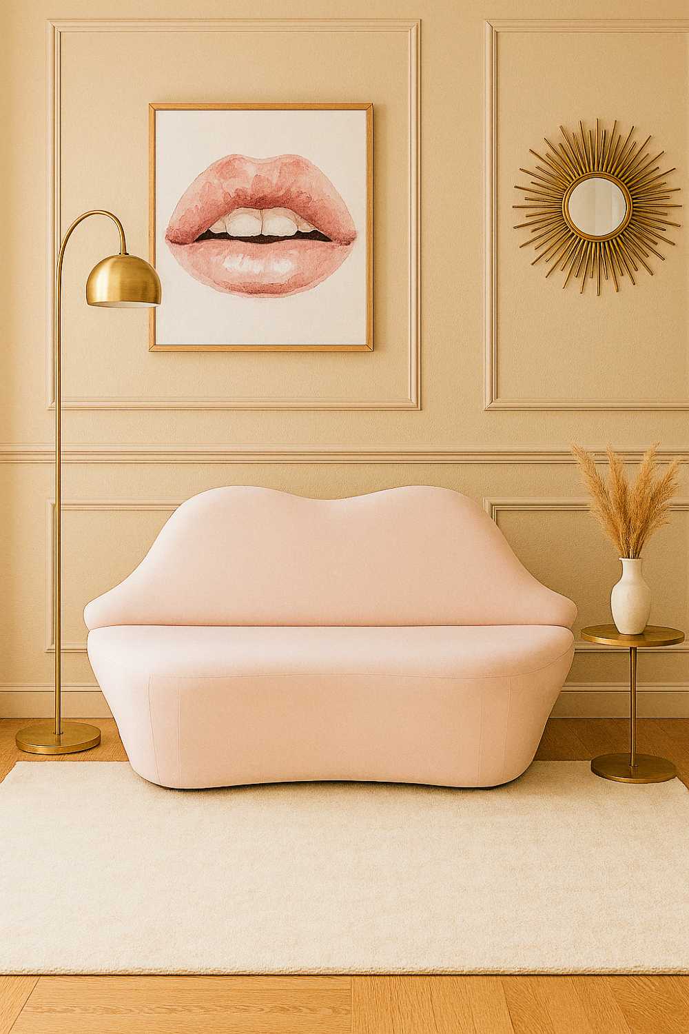 unique furniture designs (11) This pink lips sofa lounges under matching lip art, because subtlety is overratedâjust add gold touches and pampas grass for dramaâs sake.