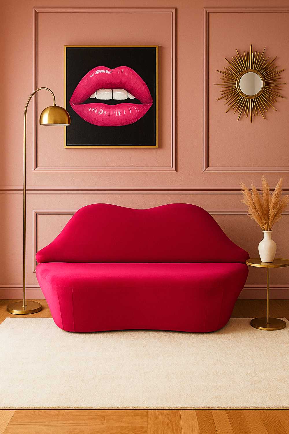 unique furniture designs (12) Red lips-shaped sofa and matching lips art in a pink room with extra gold flairâbecause who needs subtlety when you can lounge on a conversation starter.