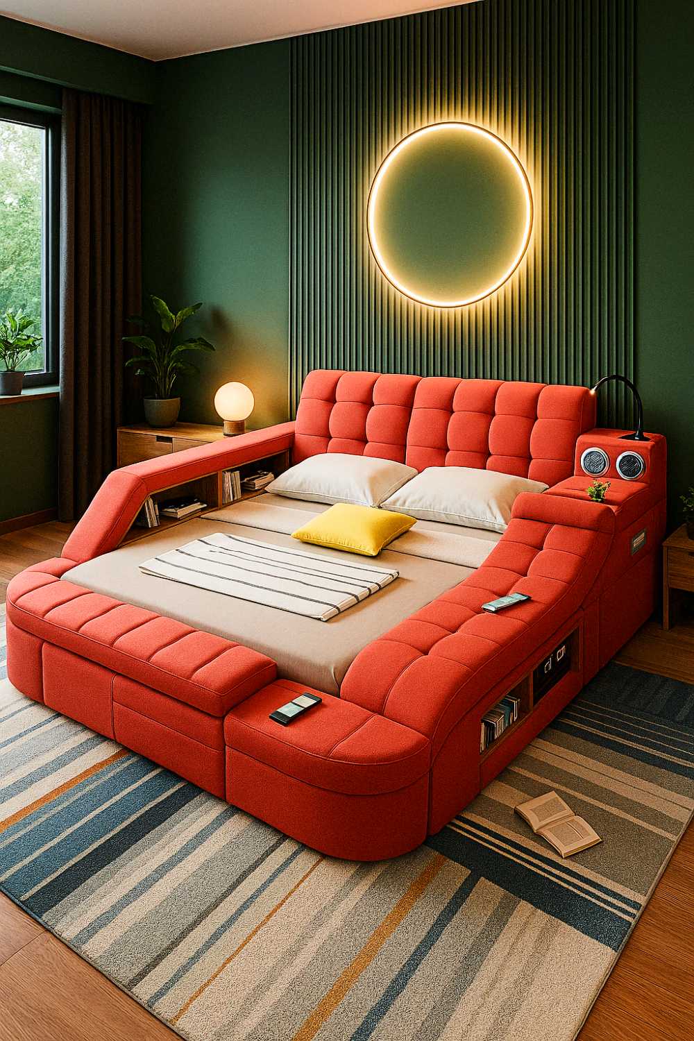 unique furniture designs (13) Main event here is a bold red bed crashing a green-walled party, under a glowing circle thatâs probably just showing off at this point.