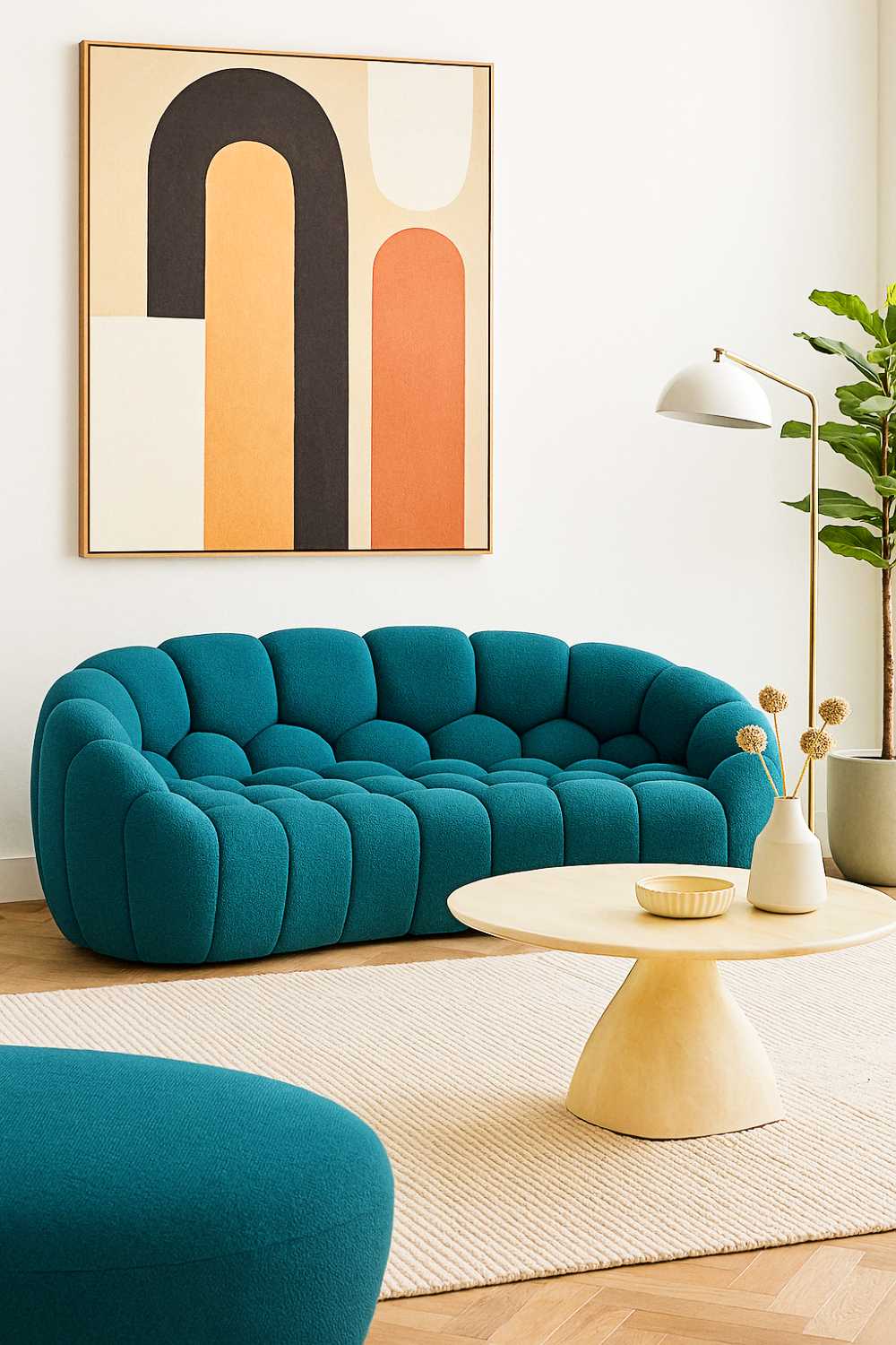unique furniture designs (16) This teal tufted sofa is here to make your old couch jealousâpaired with abstract art, a round coffee table, and a lamp ready for its modeling debut.