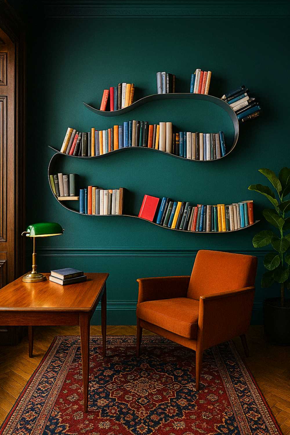 unique furniture designs (3) Curved shelf doing the heavy lifting for your book collection while an orange chair and green lamp compete for boldest accent in your cozy hideout.