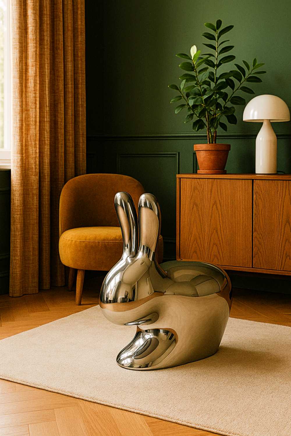 unique furniture designs (5) Metallic rabbit just crashed the living room, lounging on a plush rug and clearly showing up those green walls and gold details without even trying.