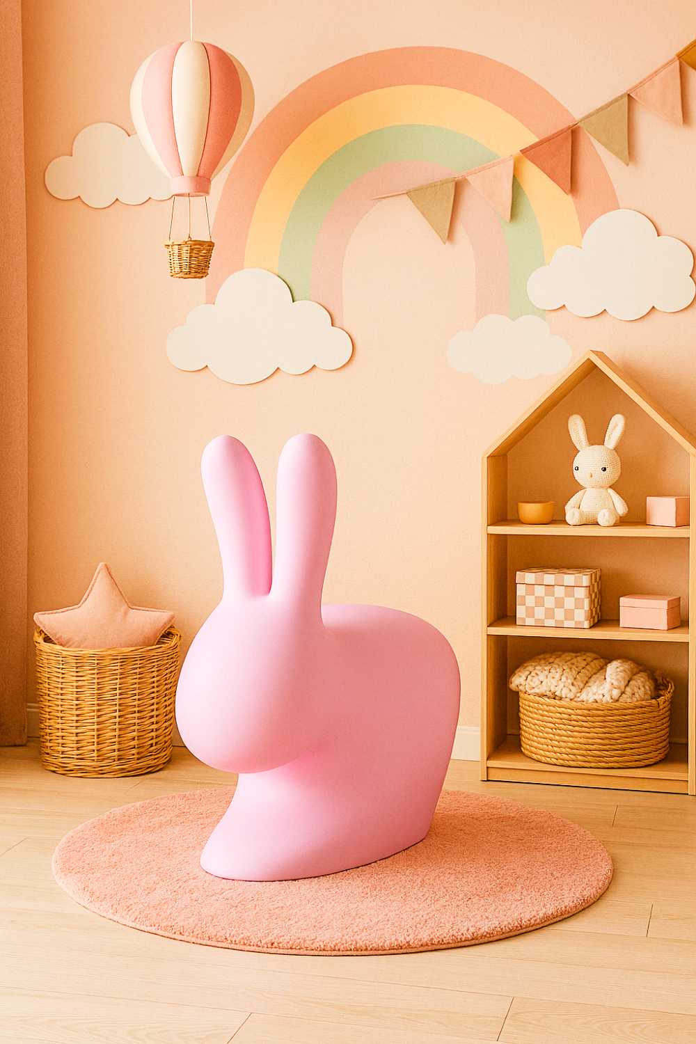 unique furniture designs (6) This pink bunny chair is ready to hop into your pastel wonderland nurseryâbonus points for the rainbow, cloud drama, and toy shelf flex.