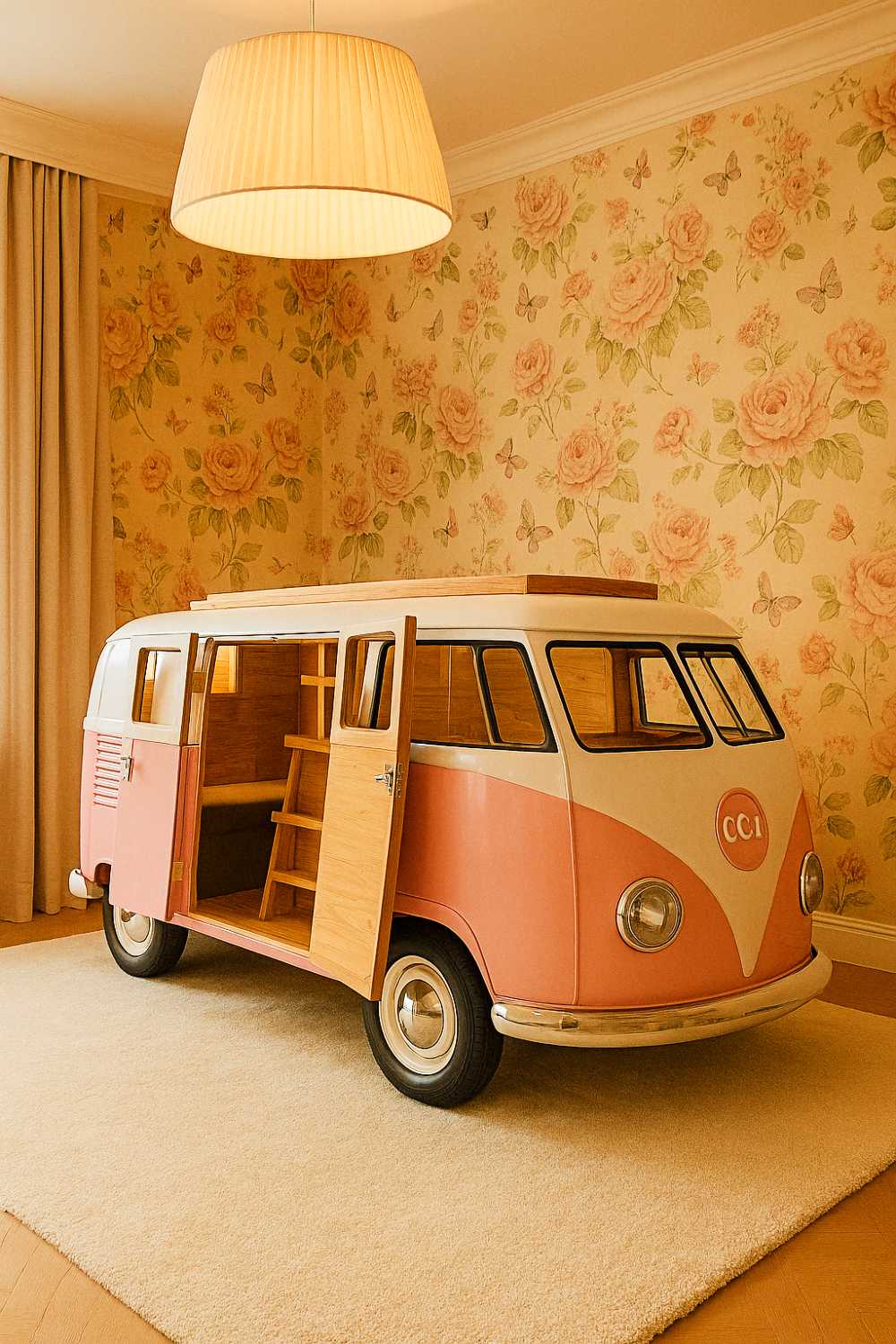 unique furniture designs (7) Camper van playhouseâpink, white, and ready for adventureâparks it right on a plush rug while floral wallpaper gives retro road trip vibes.