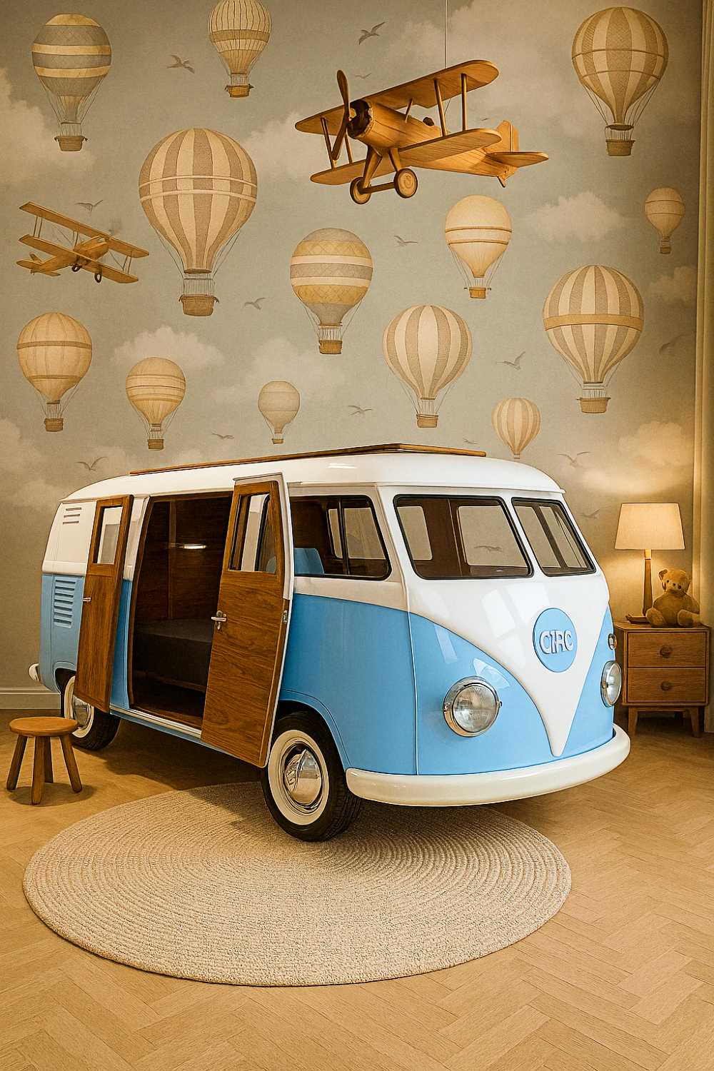unique furniture designs (8) This kids room nails wanderlust with a blue and white van bed, hot air balloon walls, and a toy plane lighting up bedtime layovers.