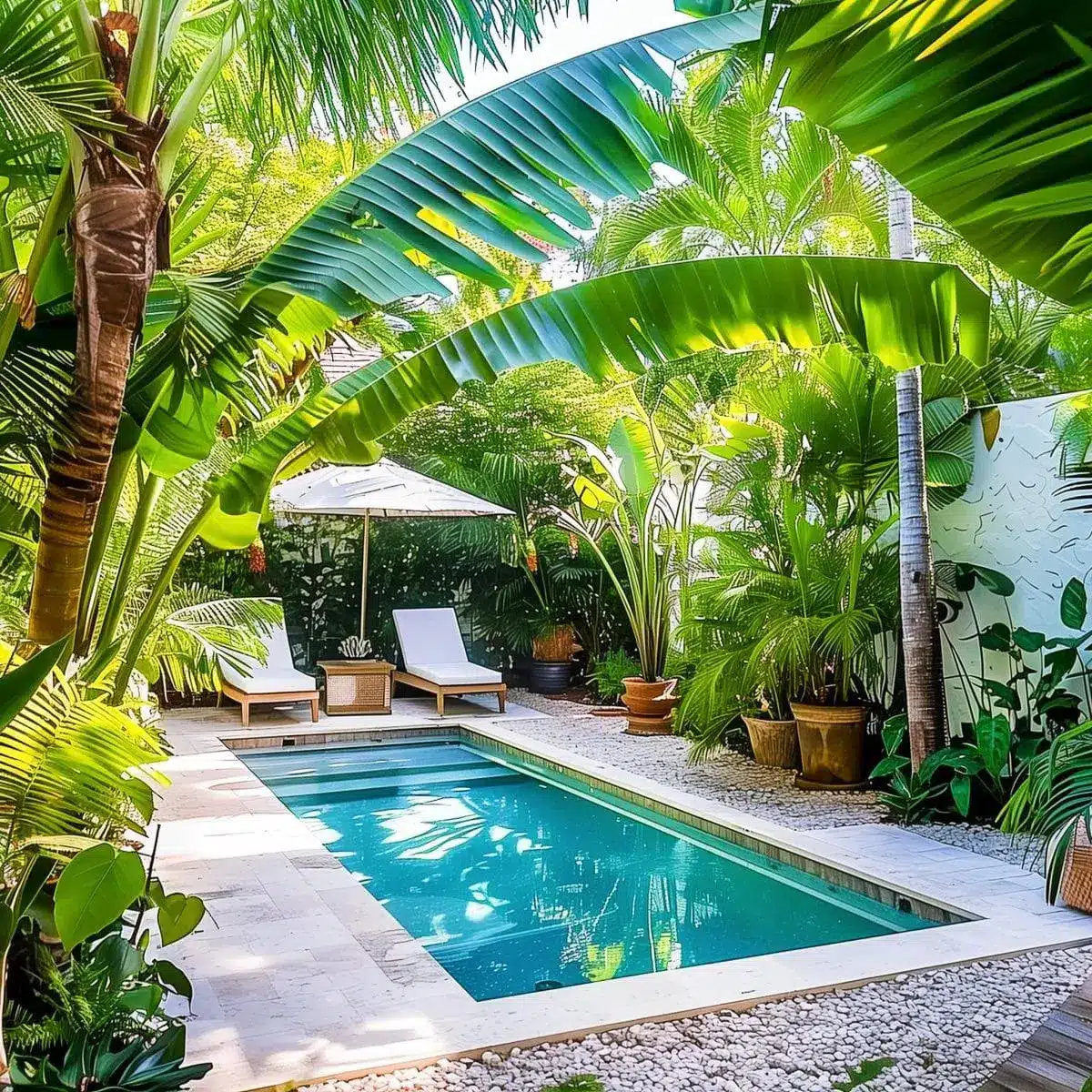 Small pool alert—surrounded by enough tropical plants to make your neighbor jealous and just two lounge chairs because who really wants extra guests?.