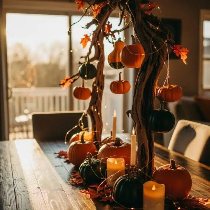 Pumpkins, candles, and twinkly lights teamed up on your table like fall’s coolest clique—just missing a pumpkin spice latte invitation.