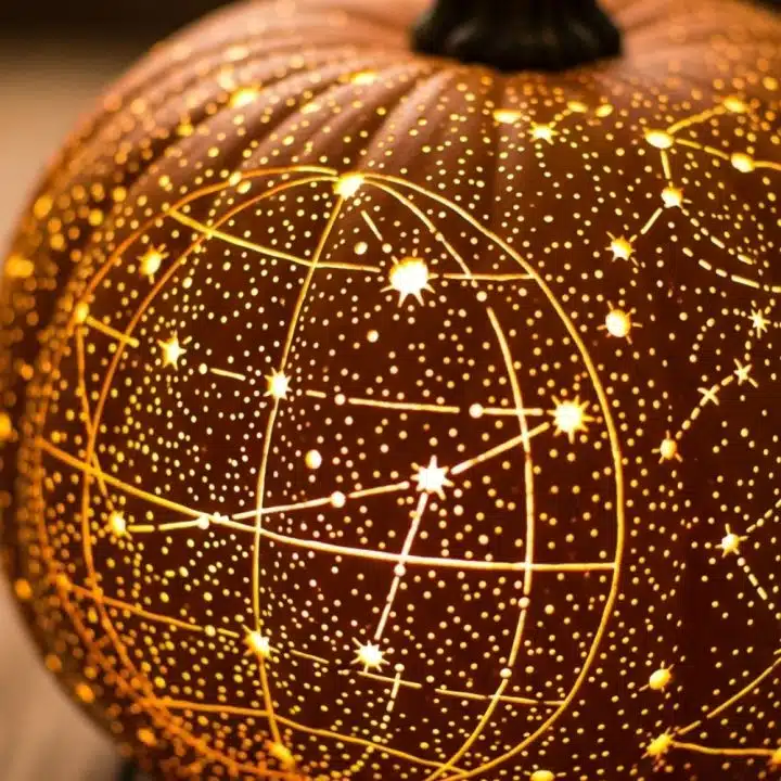 Behold, a pumpkin ditched the toothy grin for a star map glow-up—finally, some gourd decor that won’t haunt your design dreams.
