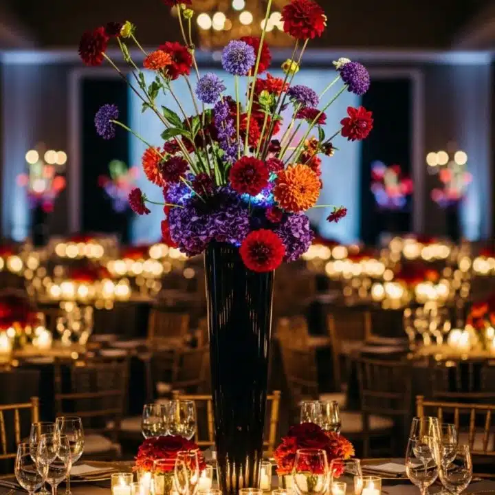 Tall black vase strutting its stuff with red and purple blooms, stealing the spotlight from those candles trying way too hard to look romantic.