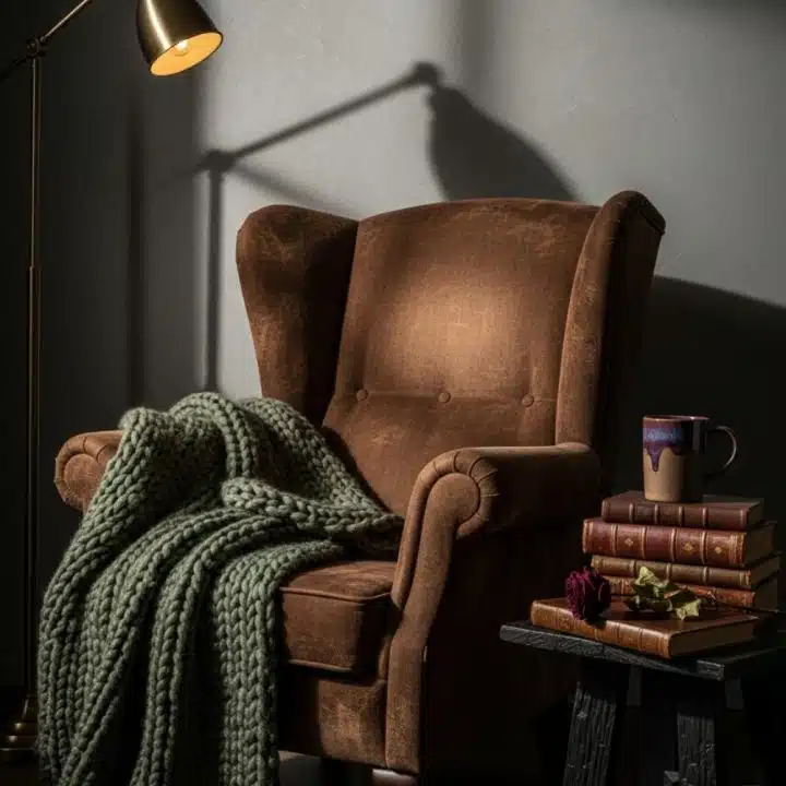 This armchair’s basically begging you to cancel plans and hibernate with a blanket, books, coffee, and the coziest lighting your retinas will ever love.