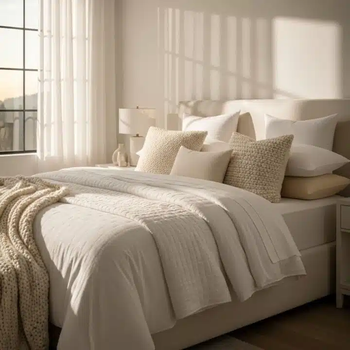This sunlit bedroom has bedding doing its best beige impression and enough pillows for a group therapy session. Cozy points for those blankets.