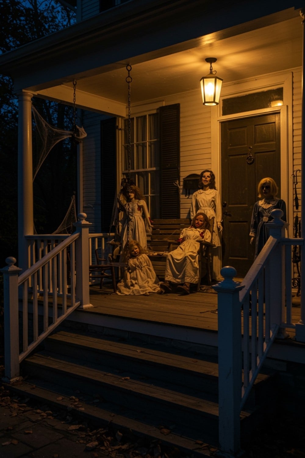 Petrifying Puppet Porch Scene: Unsettling Dolls on Display