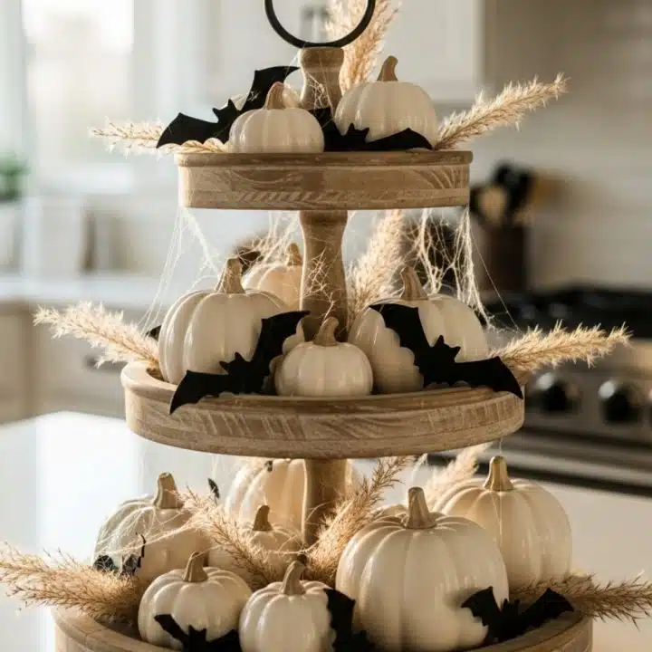 Three-tiered wooden tray showing off tiny white pumpkins, bats that skipped Halloween, dried grasses, and enough cobwebs to offend your mom.