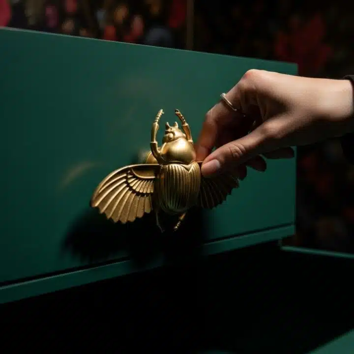 Green drawer alert with a gold scarab handle because normal knobs are too mainstream. Bonus points for the scene-stealing floral wallpaper and lamp in the back.