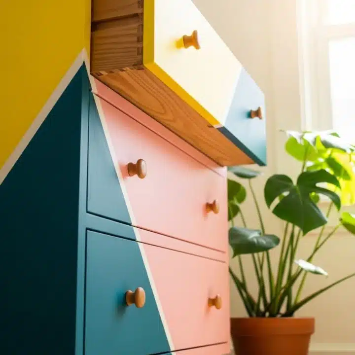 Meet the dresser that thinks its a canvas—popping with bold shapes, flaunting its open drawers and basking next to its plant buddy in the sun.