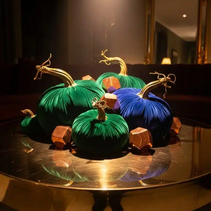 Velvet pumpkins in green and blue are hanging out with gold shapes on a shiny table, clearly living their best glam life under moody lighting.